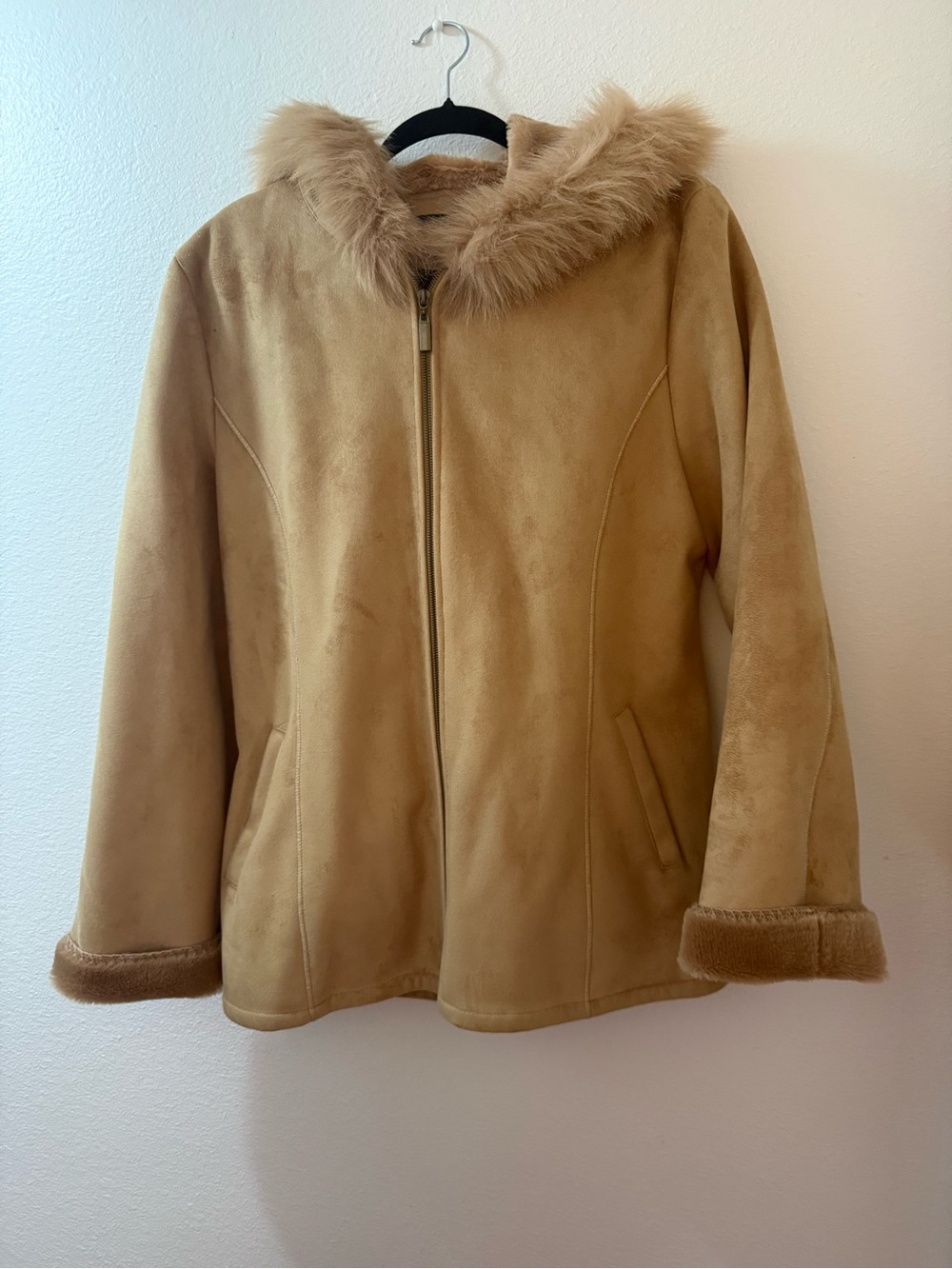 Cozy Hooded Teddy Jacket in Tan with Faux Fur Trim
